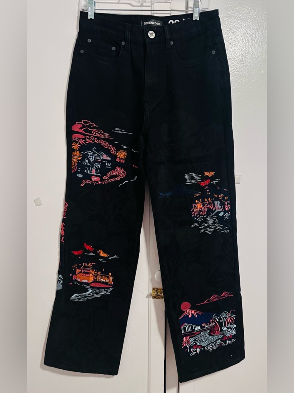 Serenede Men’s Black Baggy Jeans with Scenic Embroidery